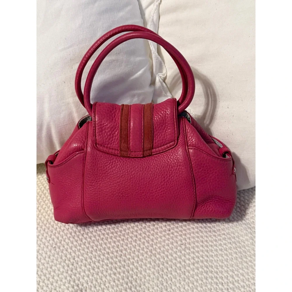 Cole Haan Pink Pebbled Leather Small Satchel Bag Suede Stripe Accents Handbag
